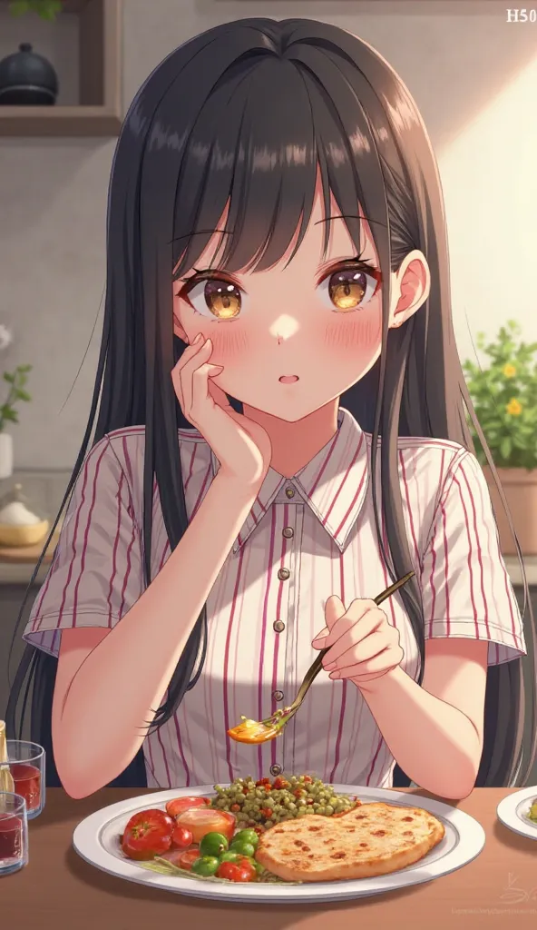 ((eating food using a fork))　cute face　bust up　moe style,-vertical stripes　striped collared shirt　 long hair　white striped shirt　Anime Picture　　(黒髪long hair)　　 25-year-old office lady in home attire: - Straight hair that reaches the shoulders - (Short slee...