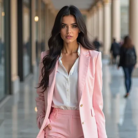 1 very beautiful Pakistani girl, mature beautiful Pakistani girl, wearing wearing formal pastel pink color coat and pants office wear , walking towards camera , full body view ,Botox lips, very moist skin and hair, dark black hair, long straight hair, wet ...