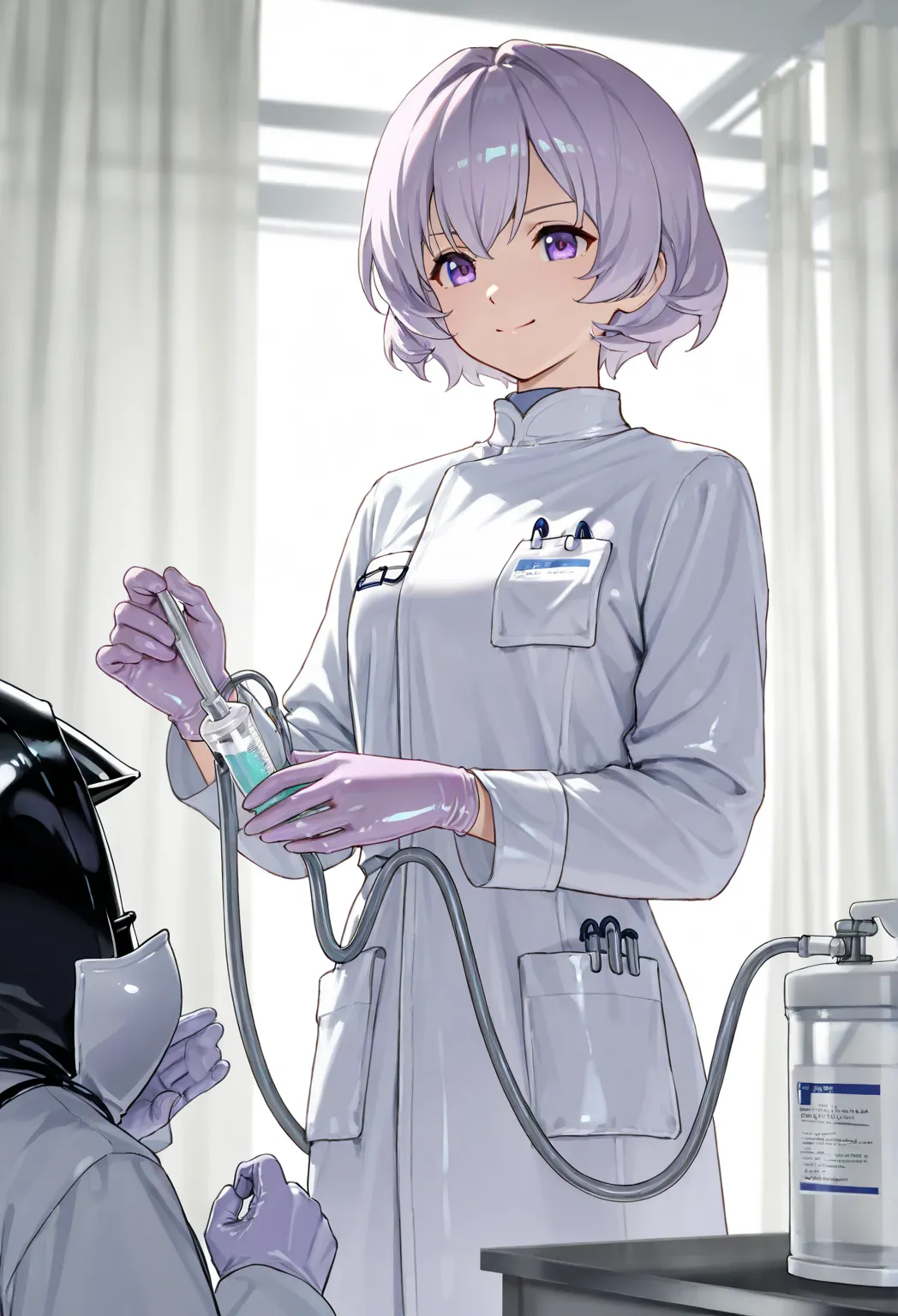 one girl, smiling slightly, ((light purple gloves)), ((Sterilizer Bag)), (( latex gloves )), Open her both hands, The total number of fingers on both hands is 5, Other clothing is not made of latex, ((Doctor Clothes )), ((Long Sleeve )), One person standin...