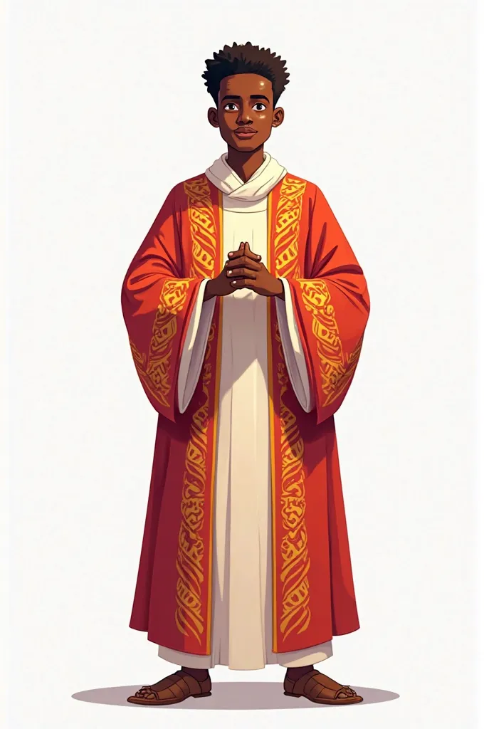 Africa cartoon male ager dressed in a choir robe on a plain white background 