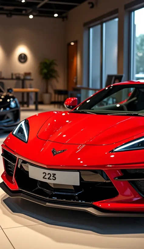 "A vibrant red 2025 Chevrolet Corvette Stingray parked in a luxury showroom, shown from a front corner angle. The car's sharp headlights, black grille, and sculpted hood vents are visible, blending seamlessly into the flowing side lines. The prominent fron...