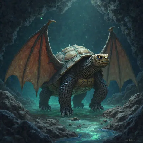 "Design a strange hybrid that fuses the resilience of a tortoise with the flight abilities of a bat. The creature should have a strong, armored shell but with leathery wings extending from its sides. Its head should resemble a bat, with sharp fangs and lar...