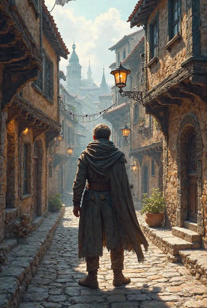 A traveller standing in the middle of a windy medieval-style old town