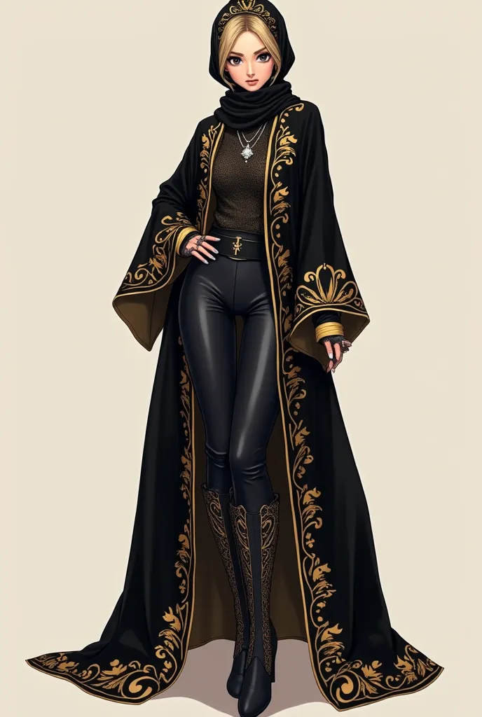 A One Piece anime-style illustration of a gorgeous woman wearing a cozy, puffy turtleneck sweater paired with sleek, form-fitting latex pants. She elegantly dons a beautifully wrapped hijab that fully covers her hair, layered beneath a long black velvet ab...