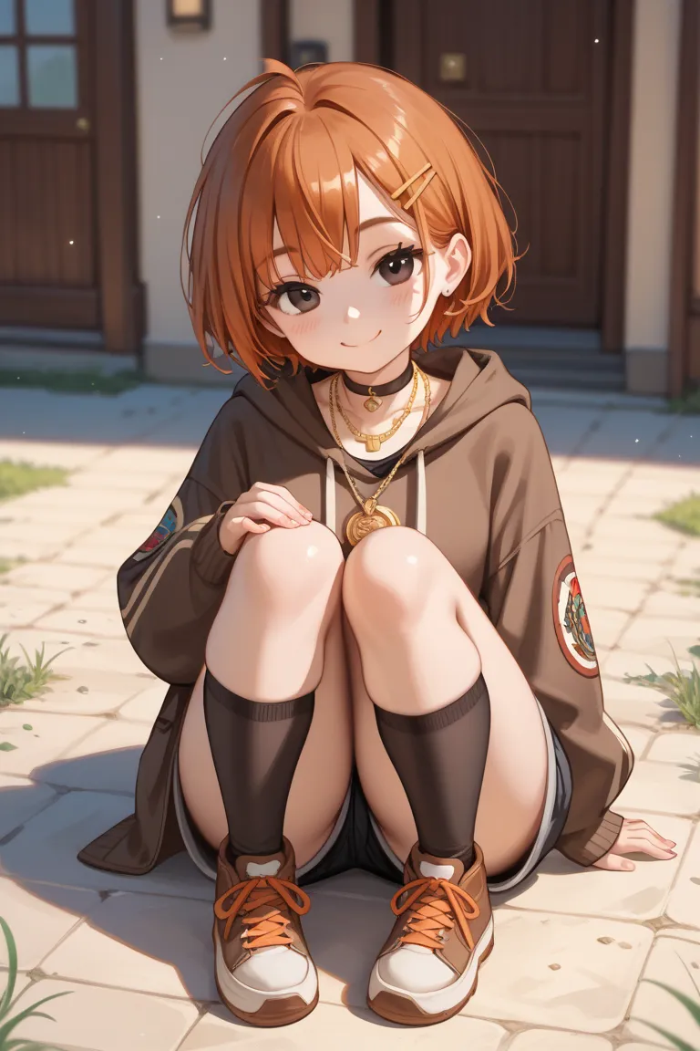 Draw a detailed anime girl (not a chibi style) with
appearance:
- using brown hiking shoes
- using opaque black stockings with length until covering the knees
- using black short pants with fold on the bottom
- using an oversized brown hoodie with cute and...