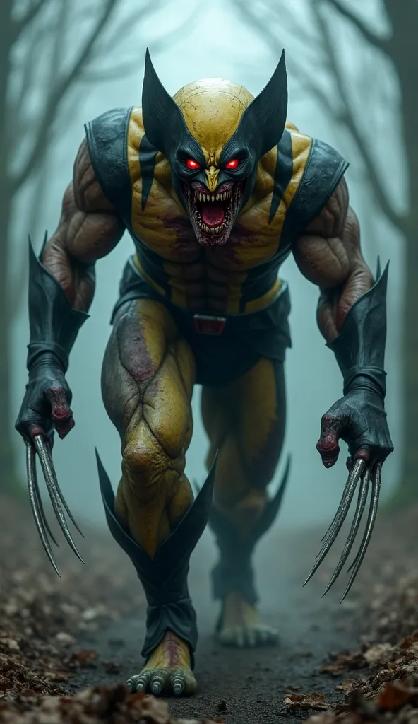 "A terrifying zombified Wolverine prowls through a foggy, abandoned forest. His iconic yellow and black mask is torn in half, revealing a decayed, rotting face with exposed bone and a single, glowing red eye. His adamantium claws extend, cracked and jagged...