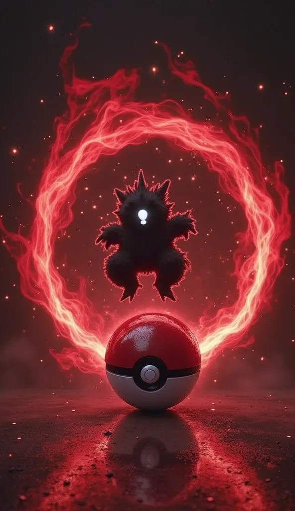 "A classic red-and-white PokéBall is open, releasing a swirling vortex of red energy that pulls in a mysterious black Pokémon. The Pokémon is a formless dark mass with a glowing white question mark at its center. As it gets absorbed, its shadowy body disto...