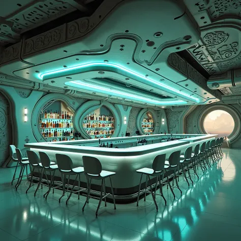 realistic photo, best quality, no humans, a futuristic, sci-fi-inspired bar with a sleek and immersive design. The interior features curved, organic shapes that blend seamlessly into the walls, ceiling, and bar counter, creating an almost spaceship-like at...