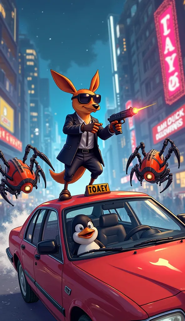 A cartoon-style illustration captures the intense moment in the floating city. Roberto the penguin sits in his bright red taxi, his flippers gripping the steering wheel tightly, his eyes wide with panic. On the hood of the taxi stands the tough kangaroo in...