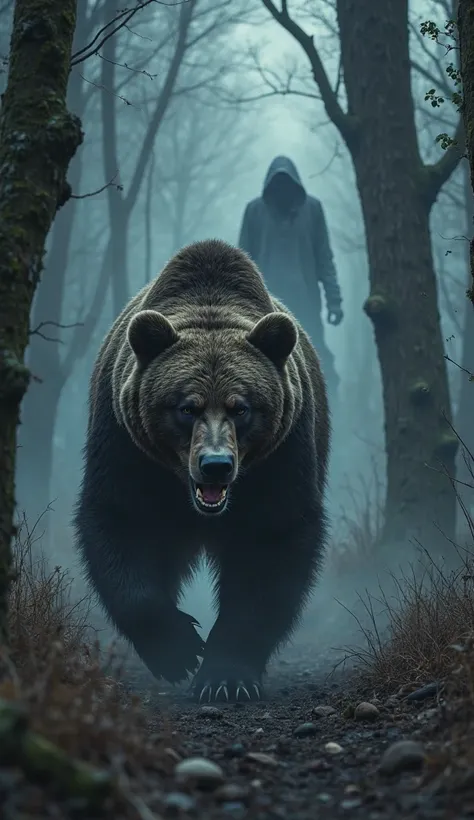 A mighty bear prowls a dense, dark forest, its breath steaming in the cold air. In the background, a formless shadow lingers just beyond the trees, watching. The bear snarls at the unseen presence, but the shadow remains, coiling like a living nightmare.