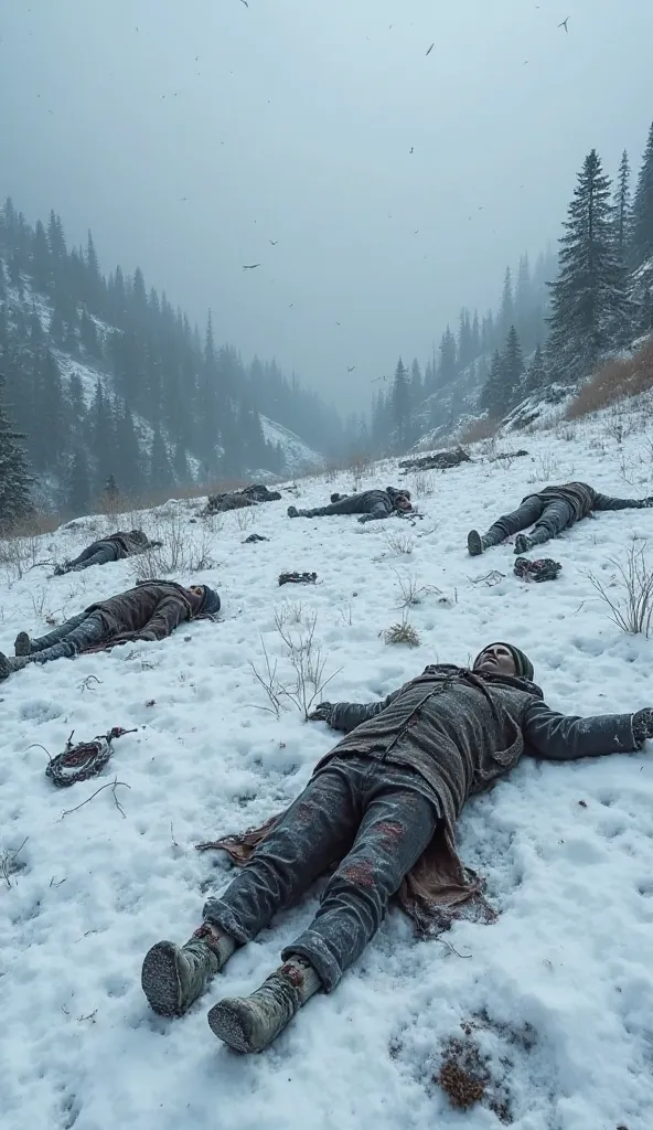  A haunting scene of a snow-covered mountainside with multiple frozen bodies scattered across the icy terrain. Some bodies are half-buried in the snow, while others lie in unnatural positions, their faces frozen in fear. Tattered clothing and belongings ar...