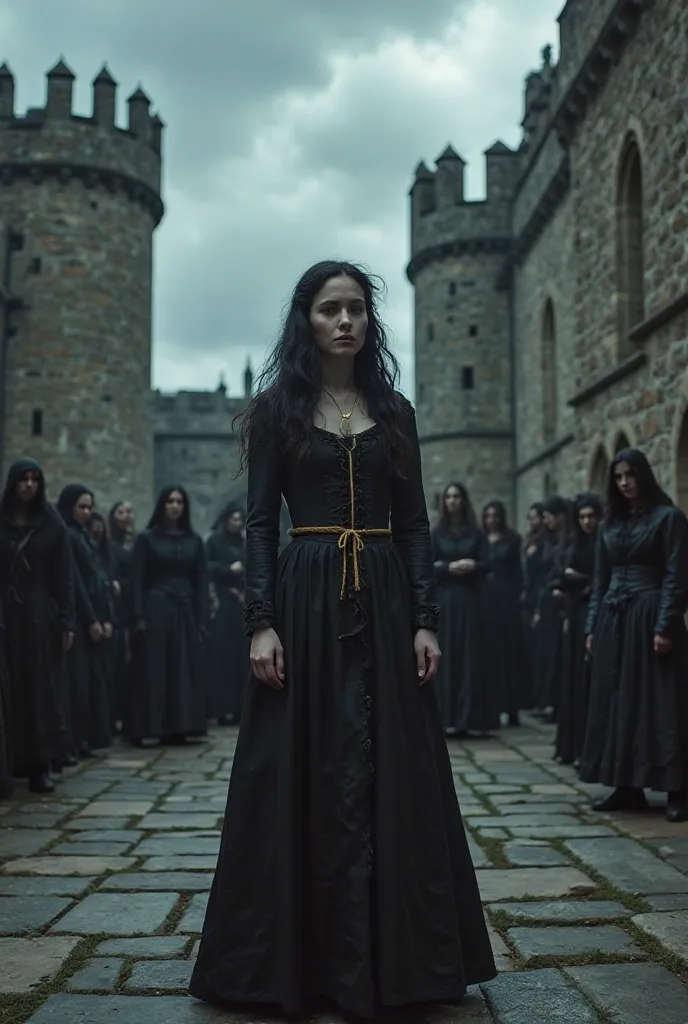 The castle’s stone courtyard is grim and foreboding. In the center, Lady Eleanor Ravensmoor stands with a noose around her neck, wearing a dark, simple gown from the 1600s. Her expression is one of defiance, with her long dark hair blowing in the wind. Onl...