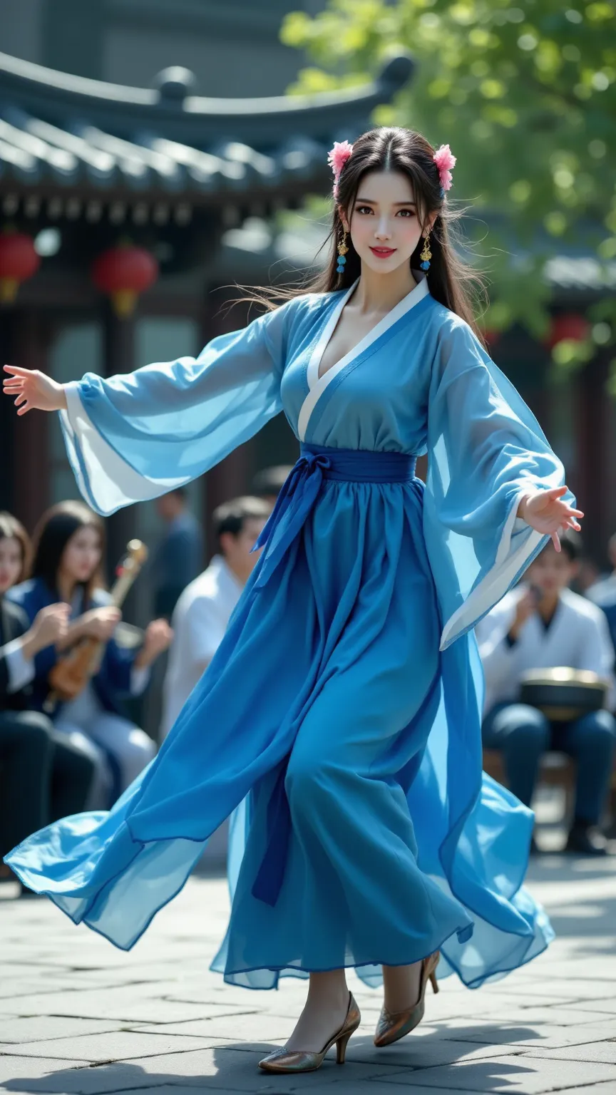 She's a woman with big breasts and a slender body.I'm wearing a beautiful blue hanbok and doing a folk dance.This is a square where musical instruments are being played.best image quality, top quality, 8k,dynamic movement with heels