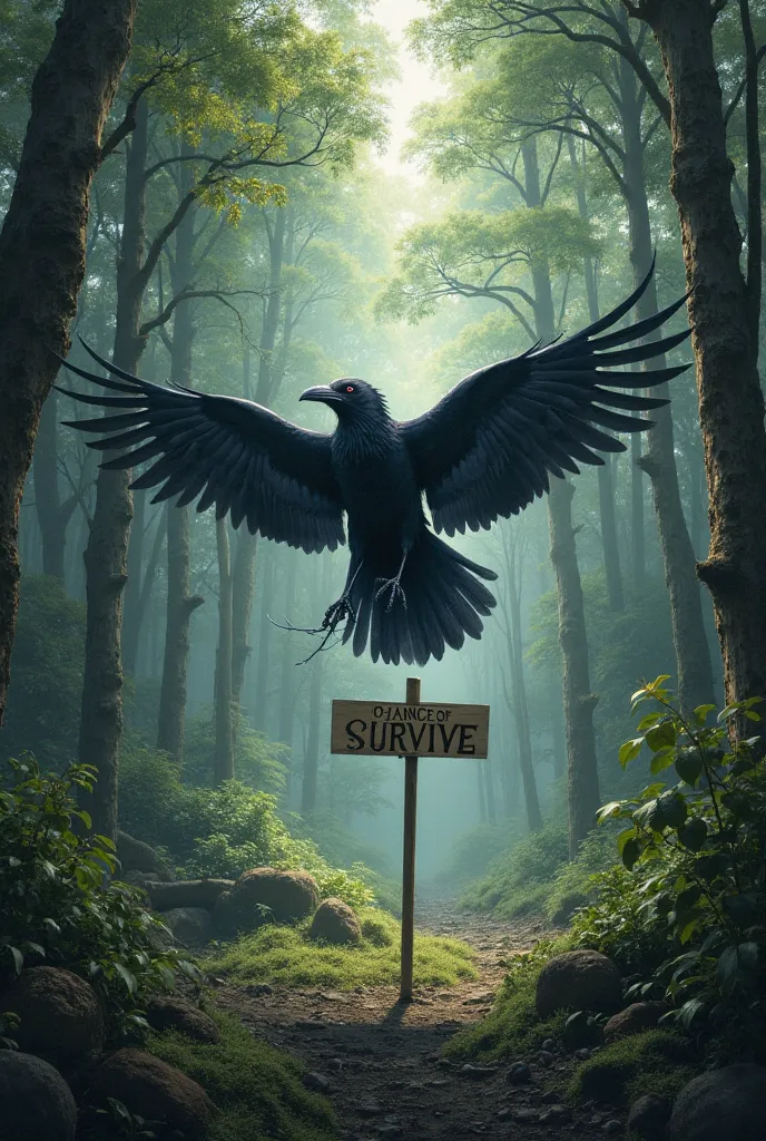 A raven flying over the forest and the sign chance of survive