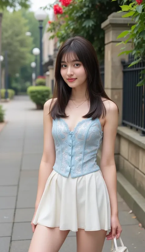 A young woman with long black hair and fair skin stands on a sidewalk surrounded by stone architecture adorned with red flowers. She wears a light blue lace corset and a white mini skirt, holding a small handbag in her hand. Her posture is relaxed, with a ...