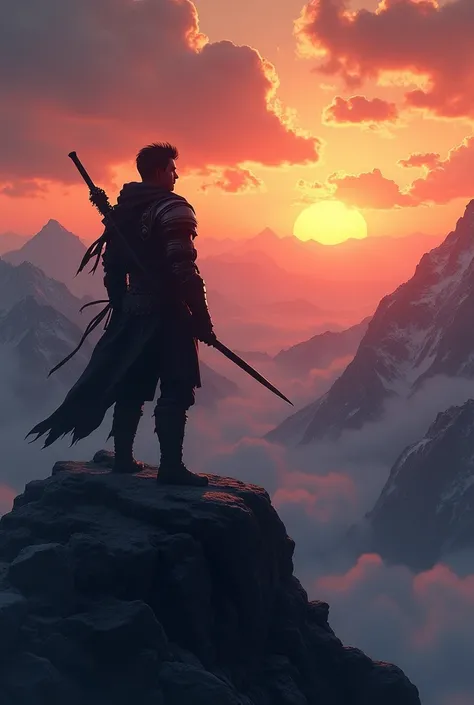 Silhouette of a young man in his 20s dressed as a master warrior standing on a mountain watching a beautiful sunset and clouds in the distance