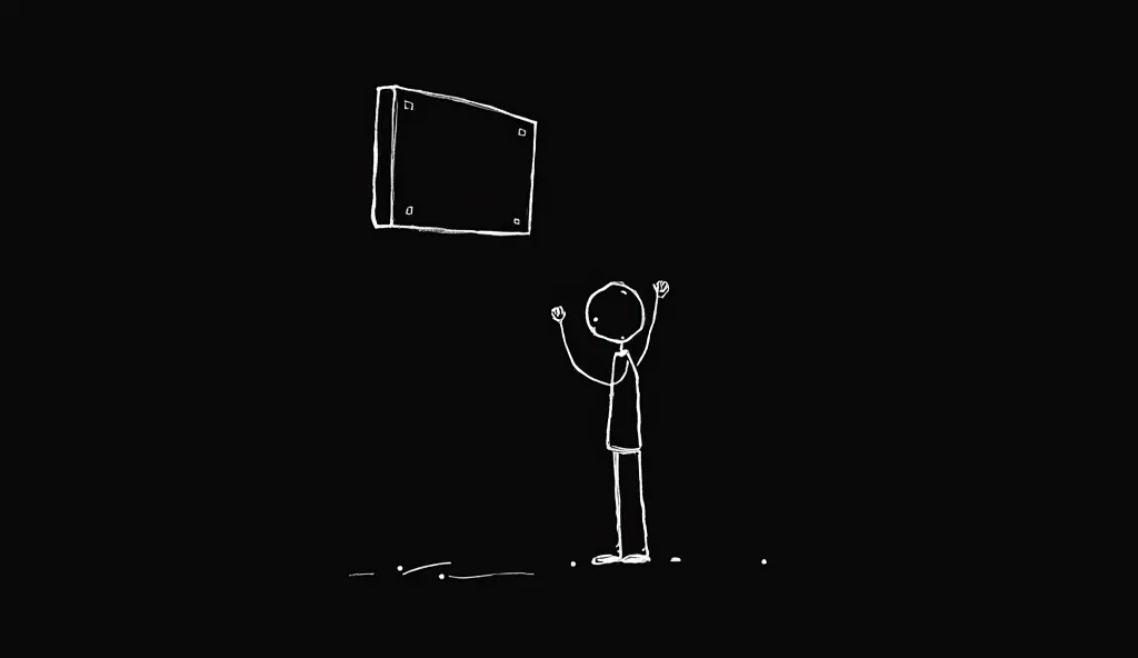 A minimalist stick figure using thin white lines on a plain black background. The figure stands hunched forward, arms raised toward a floating rectangle (representing a screen), with a straight-line mouth angled downward.