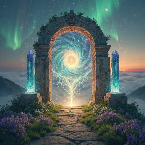 Design a mesmerizing digital artwork of a spiritual portal glowing with mystical energy. The portal is an arched gateway carved from ancient, weathered stone, etched with intricate runes and swirling vines in faint gold. It stands atop a misty hill, surrou...