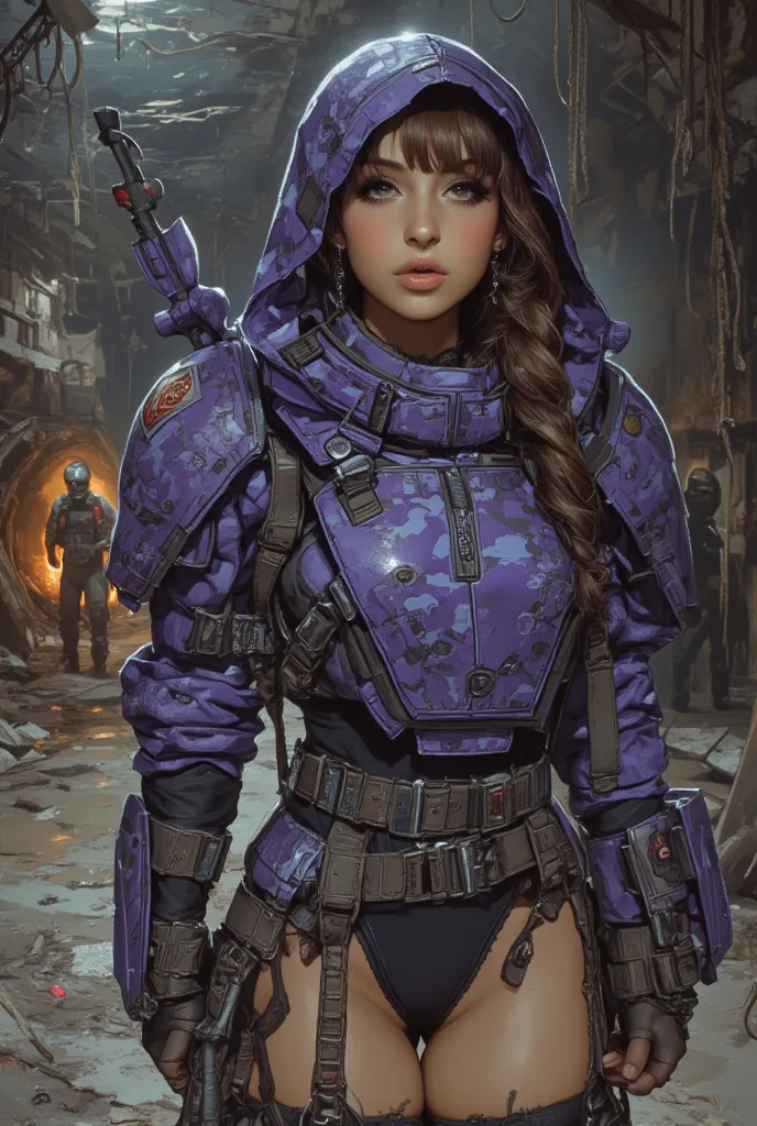 A gorgeous lady in the role of Princess Leis (sexy revealing violet and blue camouflage combat armor, weapon, iconic hairdo), she is in action poses exploring an alien base, the interior has a lot of battle damage (hanging wires, spark, small fires, holes)...