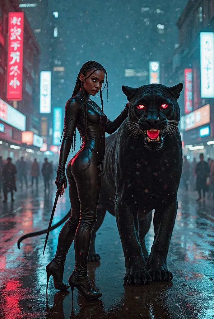 Cyberpunk metropolis in the night. Neon lights are reflected in the wet asphalt.  light fog envelops the streets , Creating an atmosphere of mystery. In the center of the frame, Mary. High heels knock on the pavement, her tight leather suit crosses out the...