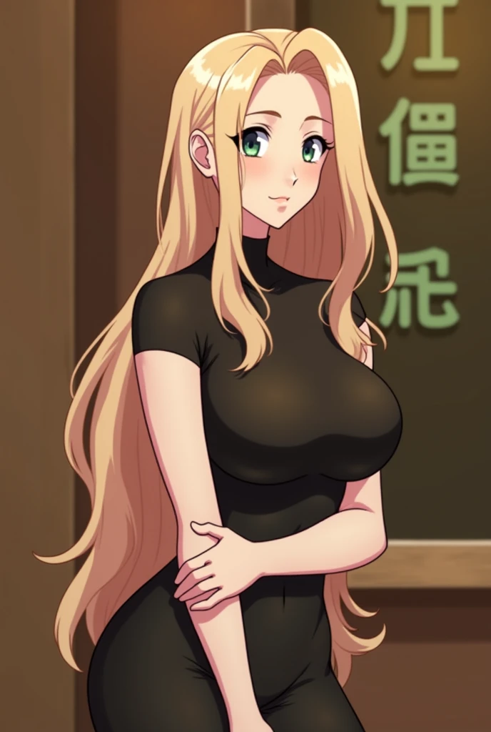 Physically fit adult woman with long blond hair and big breasts anime version