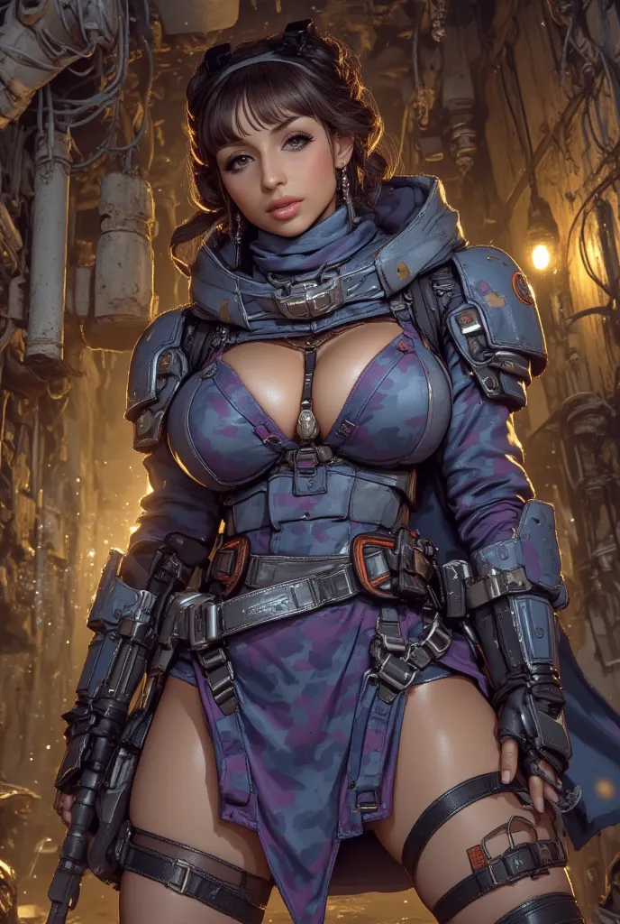 A gorgeous lady in the role of Princess Leis (sexy revealing violet and blue camouflage combat armor, weapon, iconic hairdo), she is in action poses exploring an alien base, the interior has a lot of battle damage (hanging wires, spark, small fires, holes)...