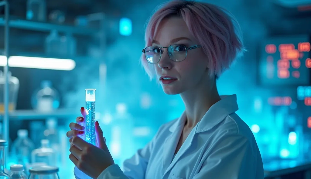 A confident young female scientist with short light-pink hair and dark roots stands in a high-tech laboratory. She wears a slightly open white lab coat and thin glasses, holding a glowing blue test tube. The background is filled with futuristic scientific ...