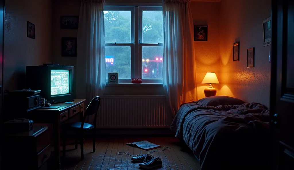 Moody 1980s bedroom at night, raindrops on the open window. Warm glow from a single desk lamp casts deep shadows. A CRT television flickers with VHS static, while cassette tapes and a Walkman rest beside a cozy bed. Raindrops reflect neon lights from a dis...