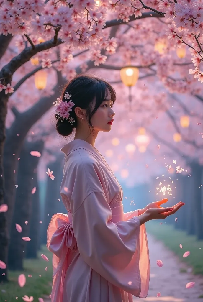 Best Quality、Hi-Res、(high image quality:1.4)、masterpiece、detailed background、realistic、 RAW photos 、Under the cherry blossoms at night、Wrapped in pale light、 Fantastic Scenery 、the soft lantern light shakes、gently stop under cherry blossoms in full bloom、A...