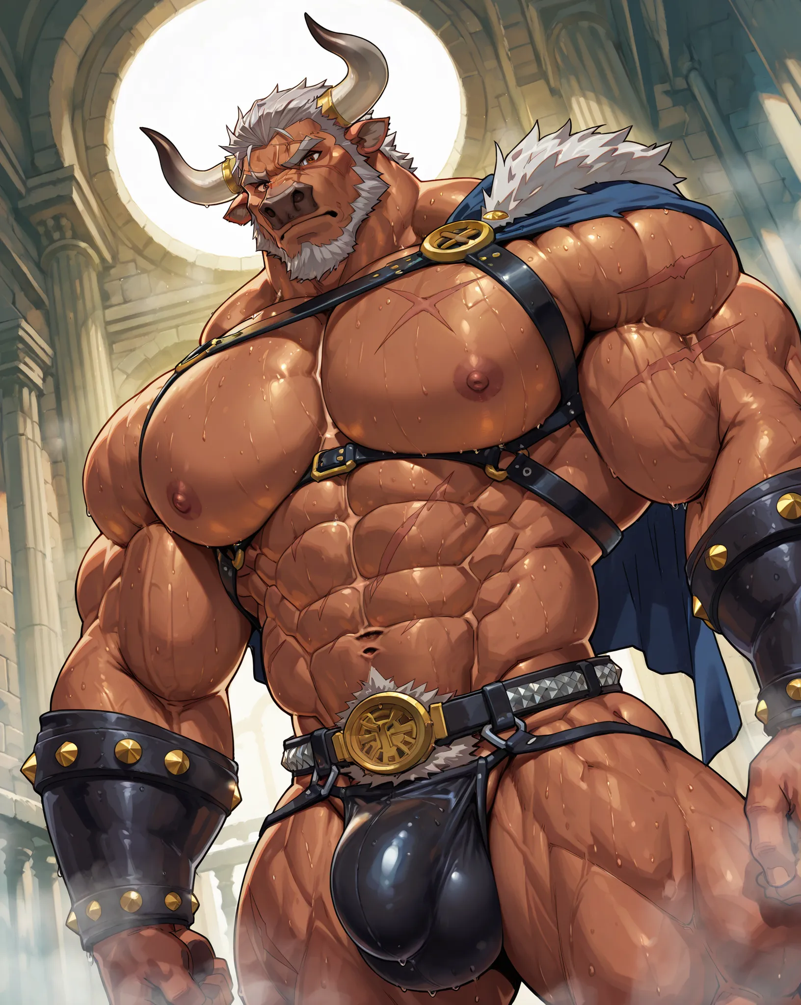 score_7_up, score_8, score_9, correct anatomy, ((((detailed brown eyes)))), ((highly detailed eyes)), high resolution, hyper-detailed,
((solo)), male, brown fur with white underbelly, ((bull)), grey hair,
((massive size difference)), ((10 feet tall)), musc...