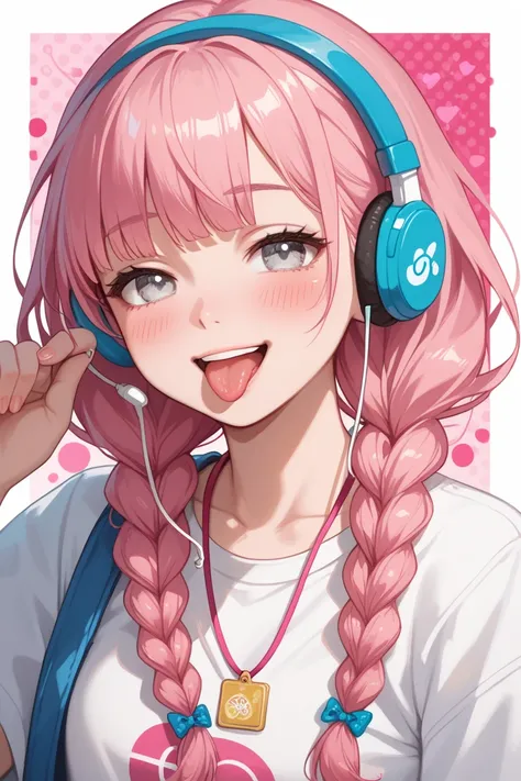 1 girl, high quality, long hair, bangs, braids, pink hair, chest,  blushes, simple background, Earphones, glitter effect, abstract, tongue,  happy/joy, white eyes,  sleepy, 