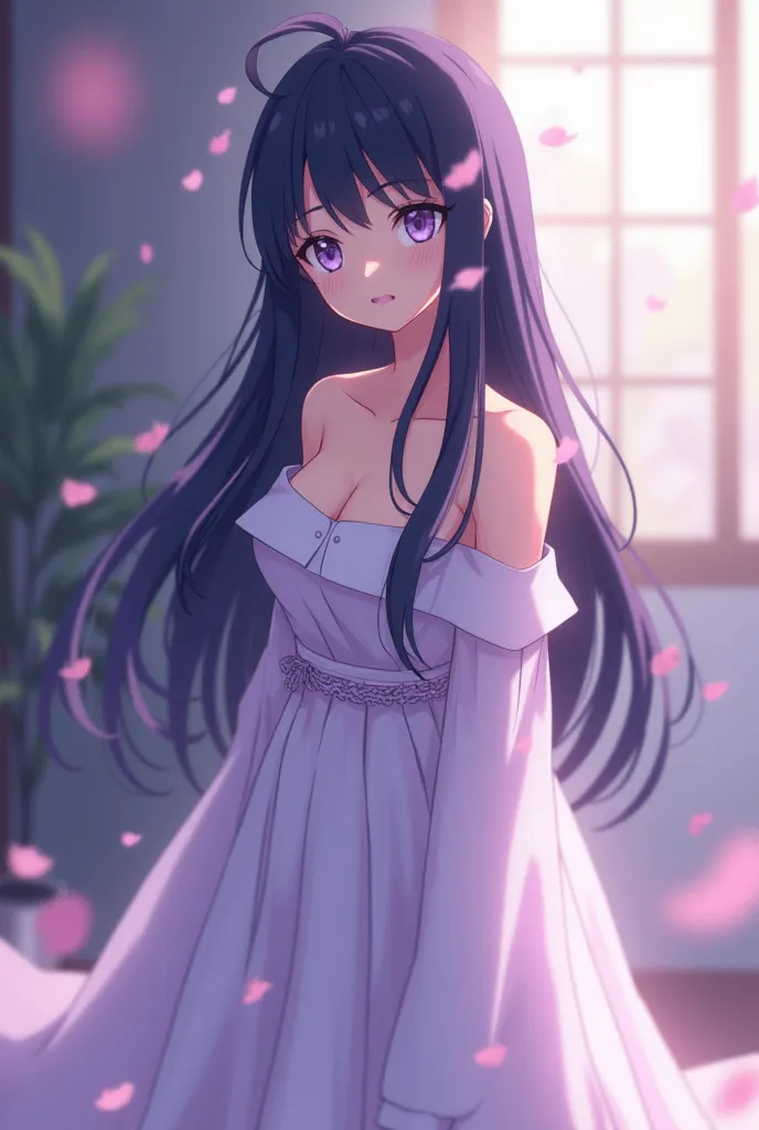 "Character: Hinata Hyuga, from Naruto, depicted with her distinctive physical features as seen in the anime. She has long indigo hair, pale lavender eyes, and a gentle expression. She wears an elegant long gown, showcasing grace and femininity. The setting...