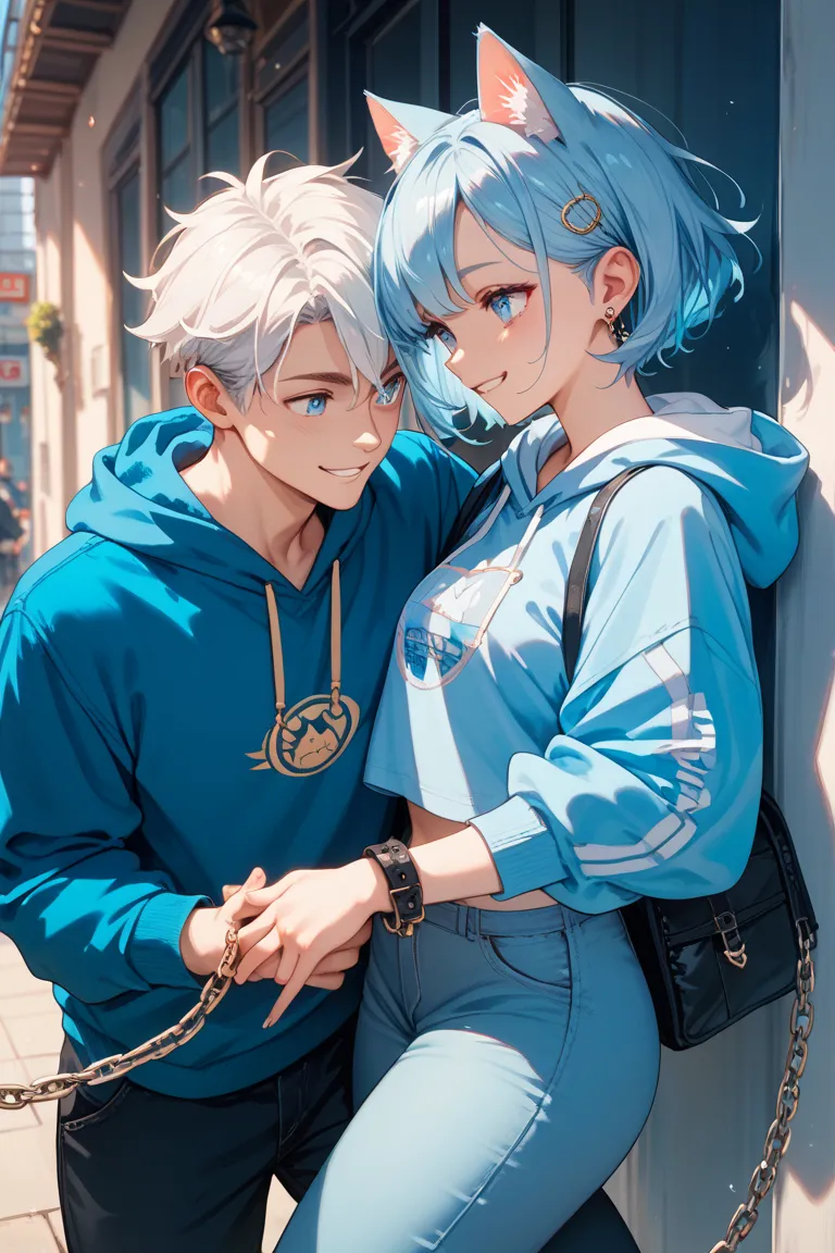  girl with cat ears　About 　The top dress is a blue hoodie　The pants are boy's pants with a chain　my mouth is empty and I'm very smiling　Cat ears are sticking out of my hat　 light blue hair　short hair　Eyes are blue and light blue　 no background