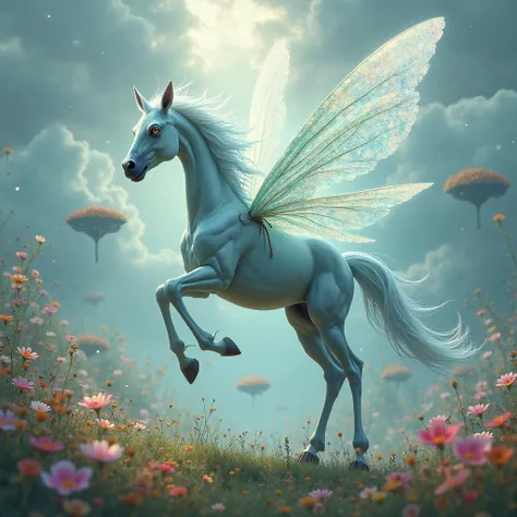 "Design a breathtaking hybrid that blends the grace of a horse with the speed of a dragonfly. The creature should have a sleek, horse-like body but with transparent, iridescent wings that allow it to hover and glide. Its eyes should be large and multi-face...