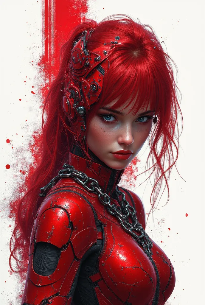 A captivating digital artwork portrays a fierce female protagonist embodying a cyberpunk aesthetic. Her long, vibrant red hair cascades down her back, contrasting with her striking blue eyes. Clad in a form-fitting red suit or armor, she dons a captivating...