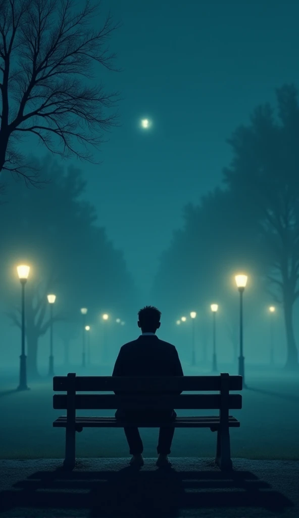 A person sitting alone on a park bench at night, with an expression of concern and anguish. The scene conveys a feeling of solitude, with a light fog and soft lighting from the streetlights. In the sky, a star shines brightly, symbolizing hope.