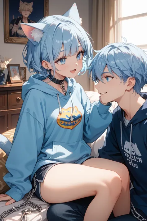  girl with cat ears　About 　The top dress is a blue hoodie　The pants are boy's pants with a chain　my mouth is empty and I'm very smiling　Cat ears are sticking out of my hat　 light blue hair　short hair　Eyes are blue and light blue　 in the room　There is only ...