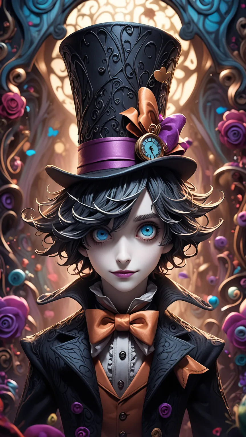 High Quality Textures { x}  Beautiful Delicate Eye Details 、  oconnor  、Top Quality、Tim Burton style、Alice's Mad Hatter Hat、2D illustration、