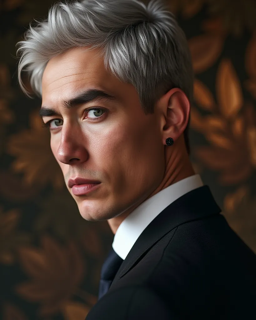 Best quality, masterpiece, super fine, Mediterranean male, 26 years old with Smooth chin, pale complexion, pointed chin, silver hair, deep eyes, Italian mafia suit, man's ear with small 5mm black earring, minimalist design, sleek black stud earring, perfec...