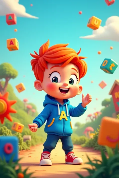 create me a preview for a cartoon video about a  this is a boy in blue clothes with red hair who teaches the English alphabet