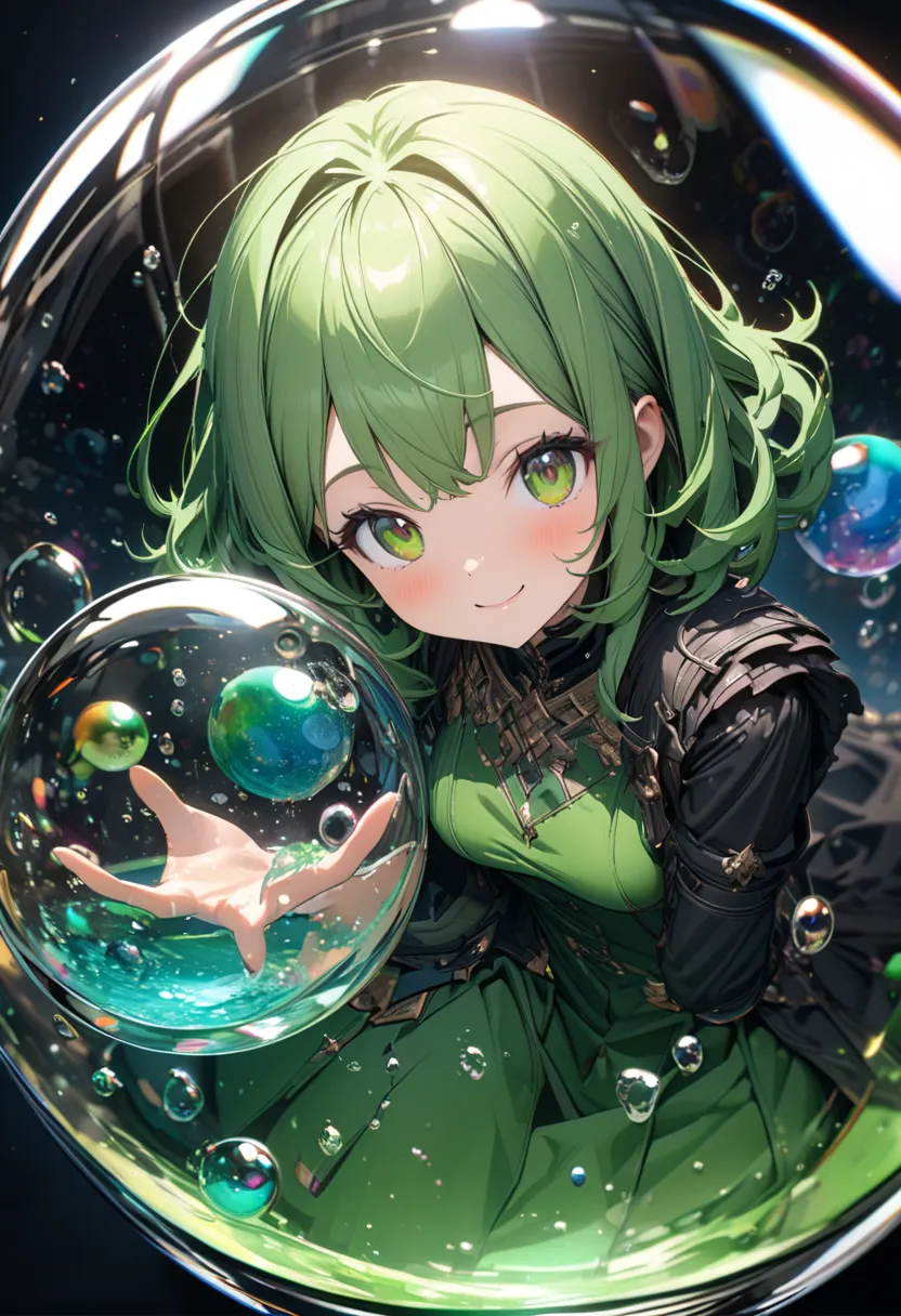 very detailed, 8k, Glass, Water in a Glass, Beautiful Glass ball in a Glass, bubble, , Nice,   bright　 green hair.cute smile.Space of Illusion