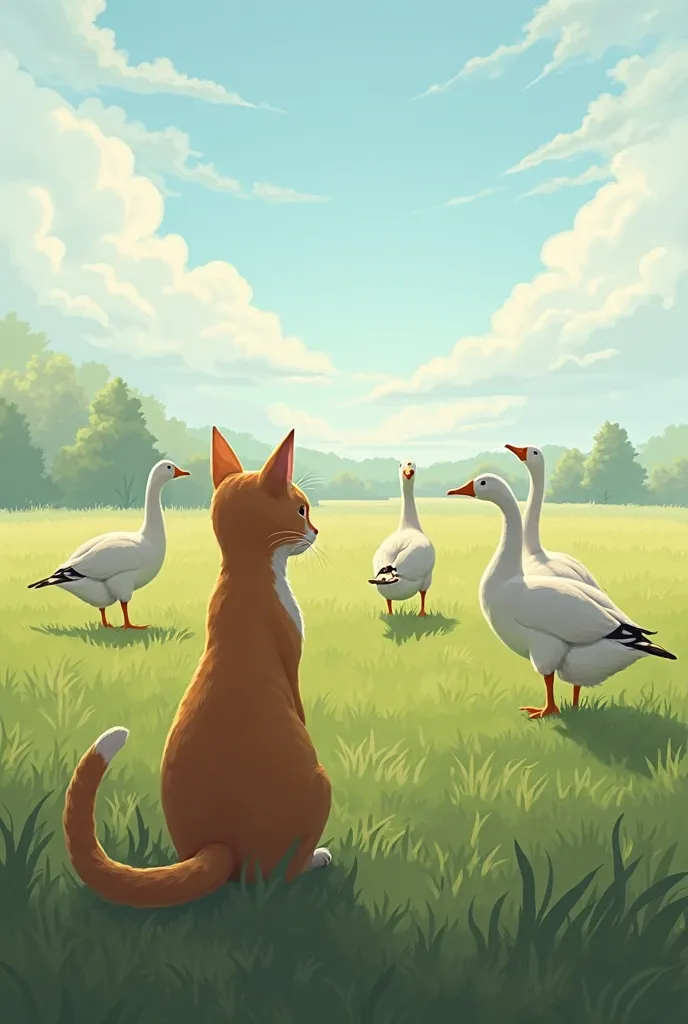 The cat saw geese on the field 