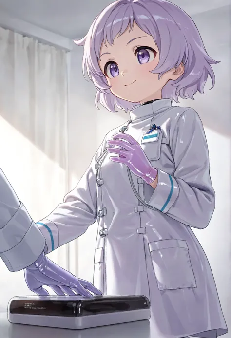 one girl, 目を少し細めている, smiling slightly, ((light purple gloves)), ((Sterilizer gloves)), (( latex gloves )), Open her both hands, The total number of fingers on both hands is 5, Other clothing is not made of latex, ((Doctor Clothes )), ((Long Sleeve )), One ...