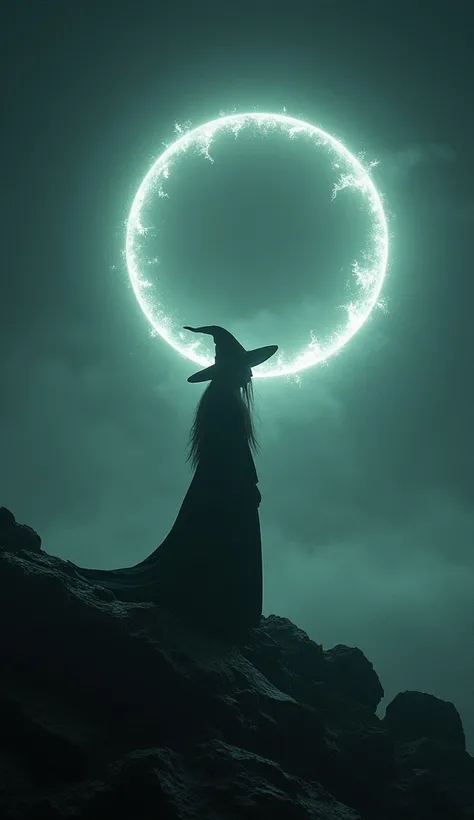 witch ， In a dark and vast space, ， drifts without gravity under the light of a giant, fractured ring halo. One day,。 explores a bizarre fantasy element characterized by cinematic lighting and dreamlike contrasts. 。