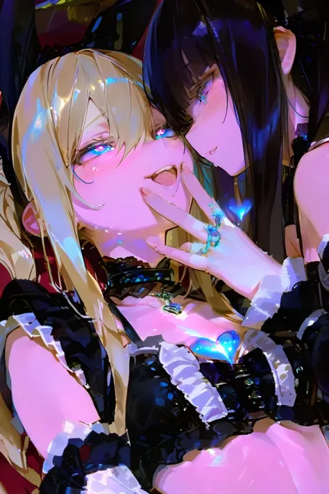 (The best quality, 4k, 8K, high resolution, masterpiece:1.2), ultra detailed, Intricate Details,2girls,yuri, Gothic Lolita woman 、(courtship:1.5),(affectionate),Touch with your fingers ,pretty woman and beautiful woman, small,upper body, (  Gothic Lolita B...