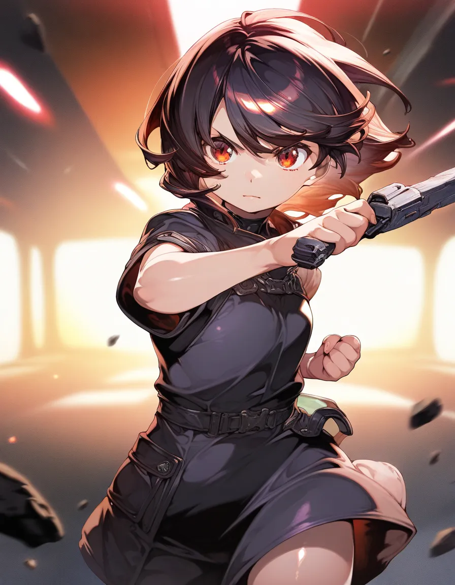 1girl,  little female, beautiful detailed eyes, wind, cyberpunk, weapon, stance, game CG, general, break,(artist:orion_(orionproject) ),artist:fujiyama,artist:onono_imoko,break,(masterpiece), (best quality), (ultra-detailed),(Detailed Lighting), very aesth...