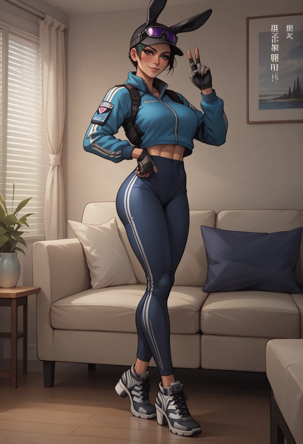 one girl,,Rawani0895,blue tracksuit, tight skin ,rabbit print,gloves, high-heeled shoes,  full body , Standing,   short haircut , 
 result_9,  result_8_higher,  result_7_higher,  source_anime,
 the cover of , japanese text , \(Rainbow Six Siege\),  elite \...