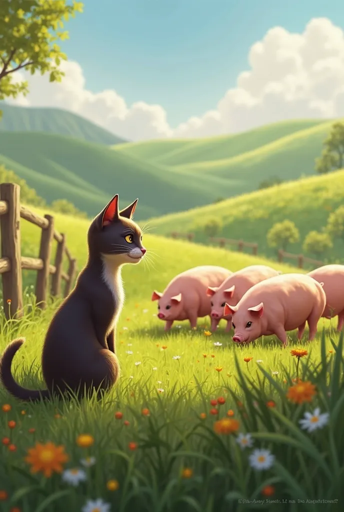 The cat saw pigs in the field