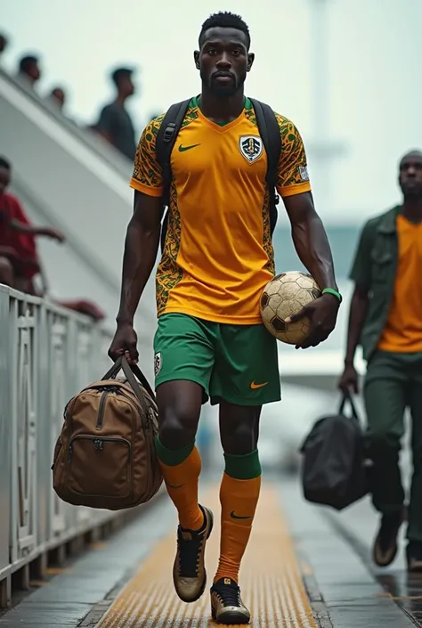 A young African player getting off a plane