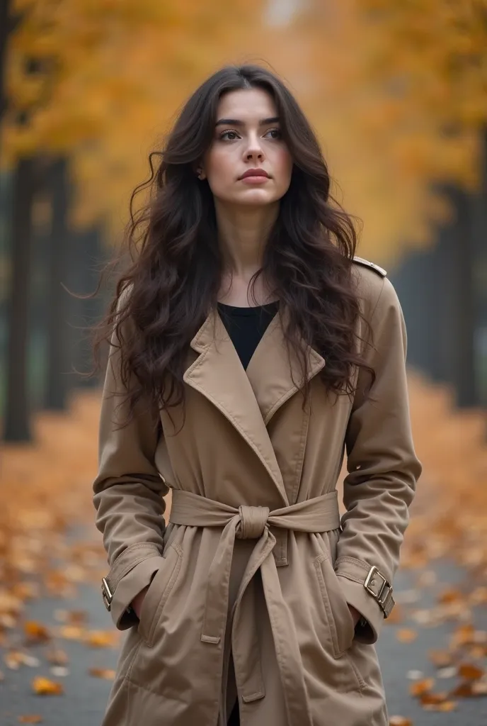 A moody, atmospheric portrait of a young woman walking through a park lined with golden autumn leaves. She wears a beige trench coat, her long wavy dark brown hair gently tousled by the cool breeze. She tucks her hands into her coat pockets, her deep brown...